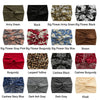 A collection of cross-knotted fabric headbands in various colors including Army Green, Black, and floral patterns.