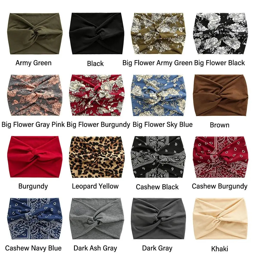 A collection of cross-knotted fabric headbands in various colors including Army Green, Black, and floral patterns.