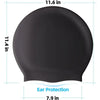 Black silicone swimming cap with dimensions 11.6 inches in diameter and 11.4 inches tall.