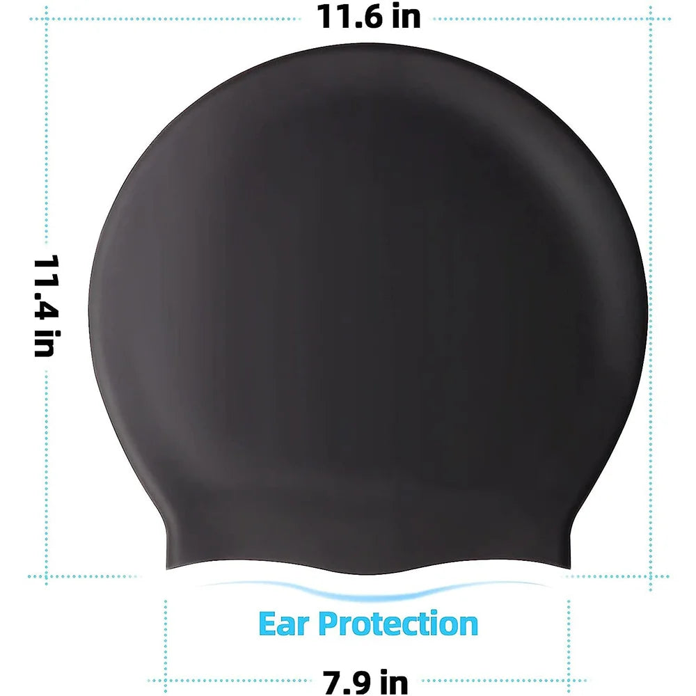 Black silicone swimming cap with dimensions 11.6 inches in diameter and 11.4 inches tall.