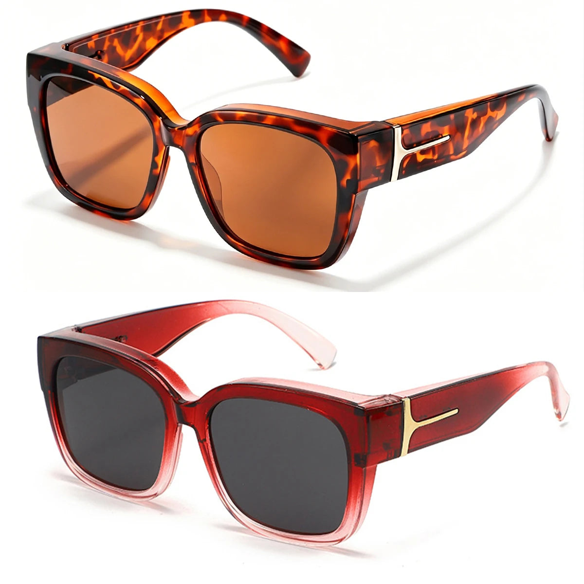 A pair of oversized tortoiseshell sunglasses with brown lenses and gold accents.
