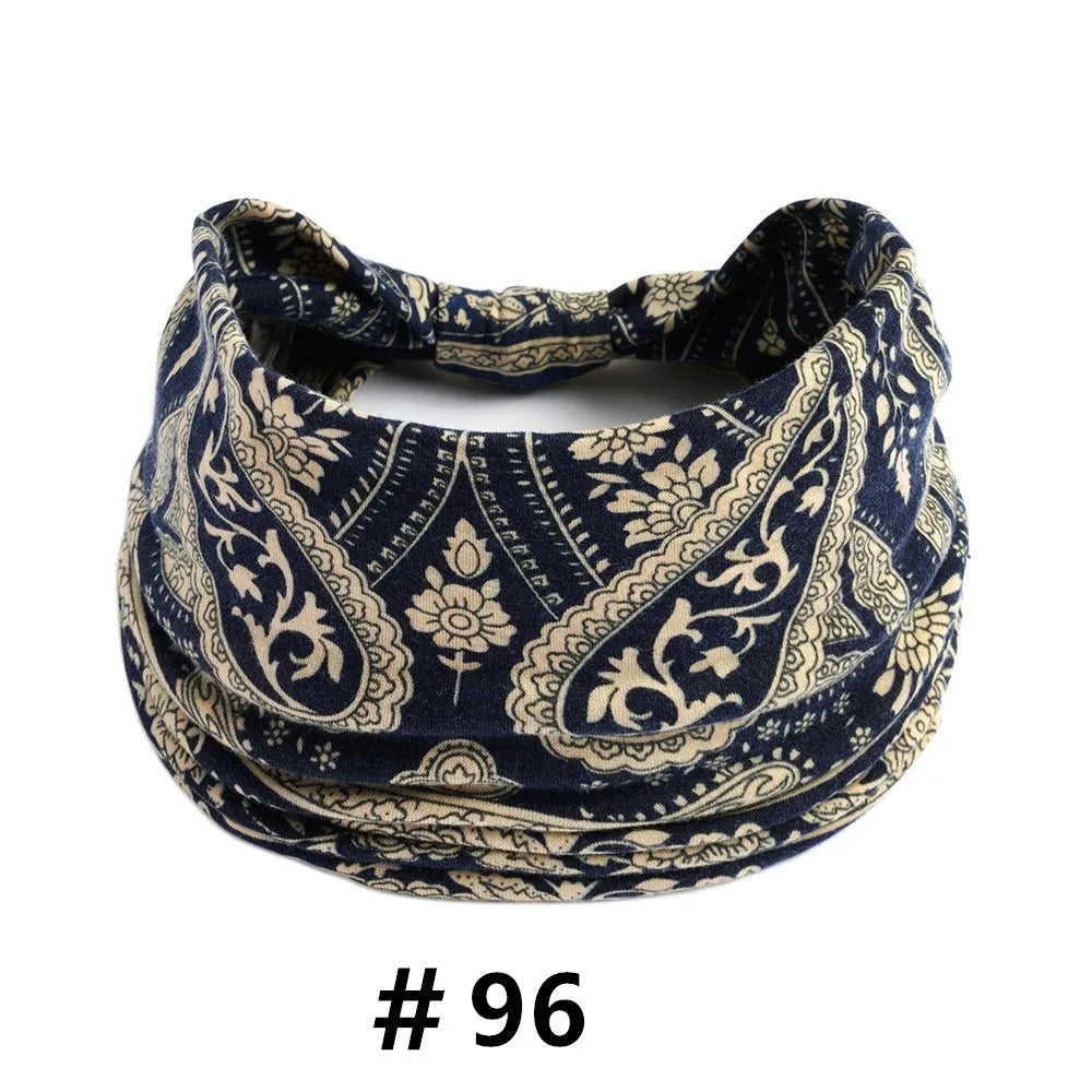 Navy blue boho print cotton headband with intricate floral patterns