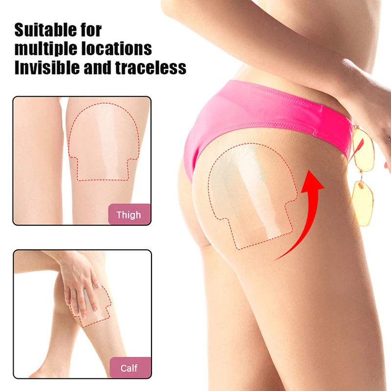 Invisible body shaping patches applied to the thigh and calf areas of a person's leg.