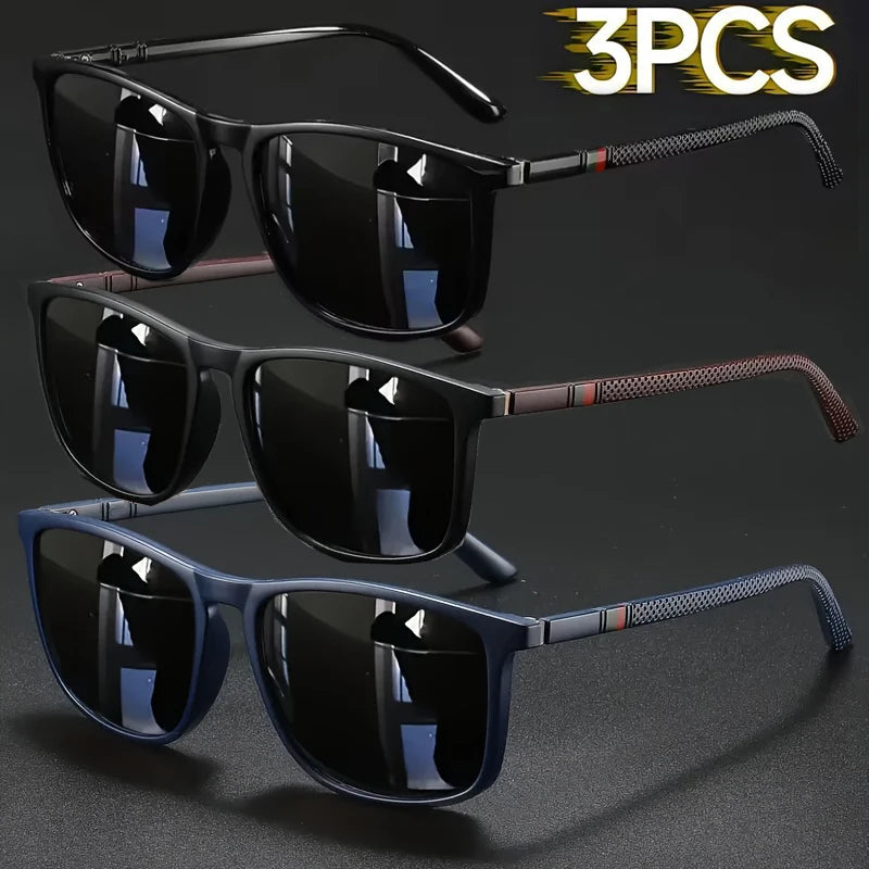 Three pairs of vintage square sunglasses with dark lenses and brown frames displayed on a black background.