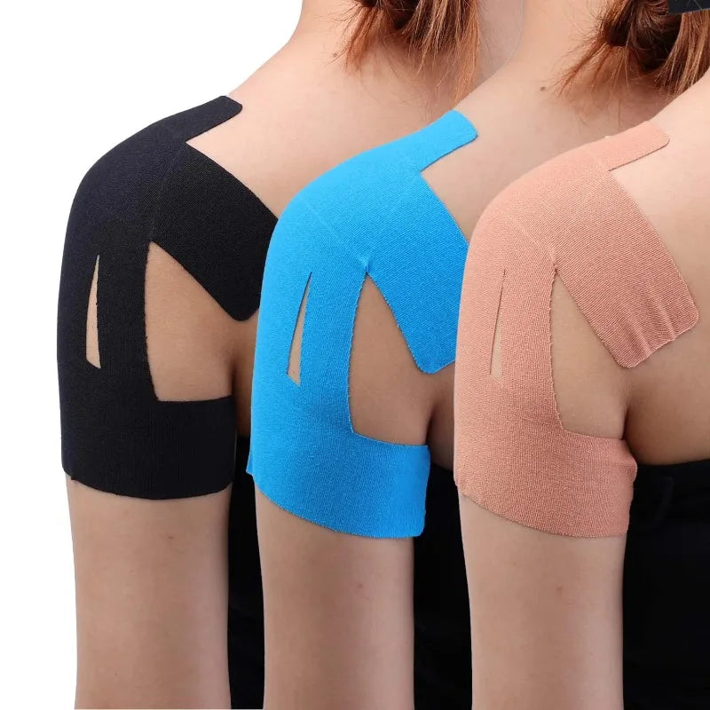 Three elastic patches in black, blue, and peach are shown applied to the shoulders for pain relief.