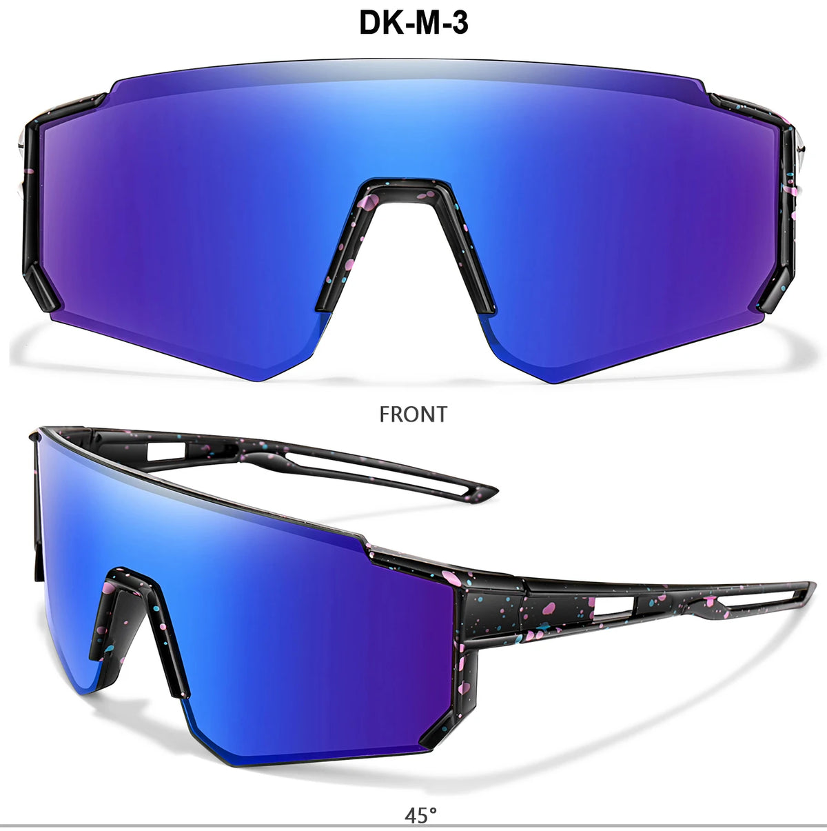 Front view of DK-M-3 youth sunglasses with a purple lens and black frame at a 45 degree angle.