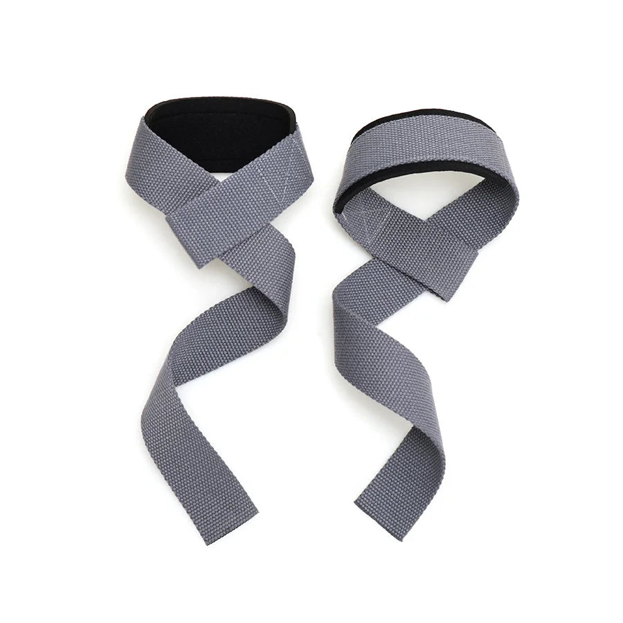 Une paire de sangles d'haltérophilie gris et noir pour le soutien du poignet.