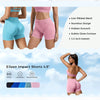 Pink and blue high-waisted knit fitness shorts shown on a model, highlighting features like low ribbed band and seamless desi