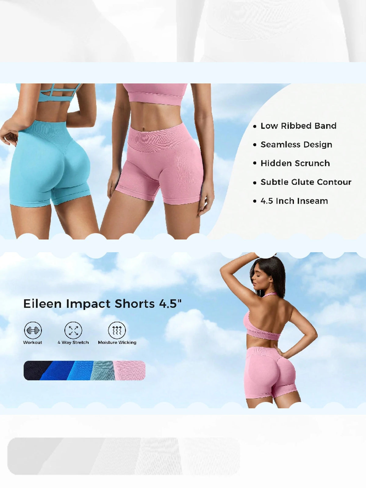 Pink and blue high-waisted knit fitness shorts shown on a model, highlighting features like low ribbed band and seamless desi