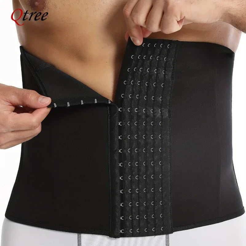 A black slimming corset waist trainer belt being worn on a person's torso.