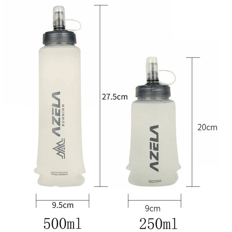 A comparison of a 500ml and 250ml AZELA running silicone water bottle.