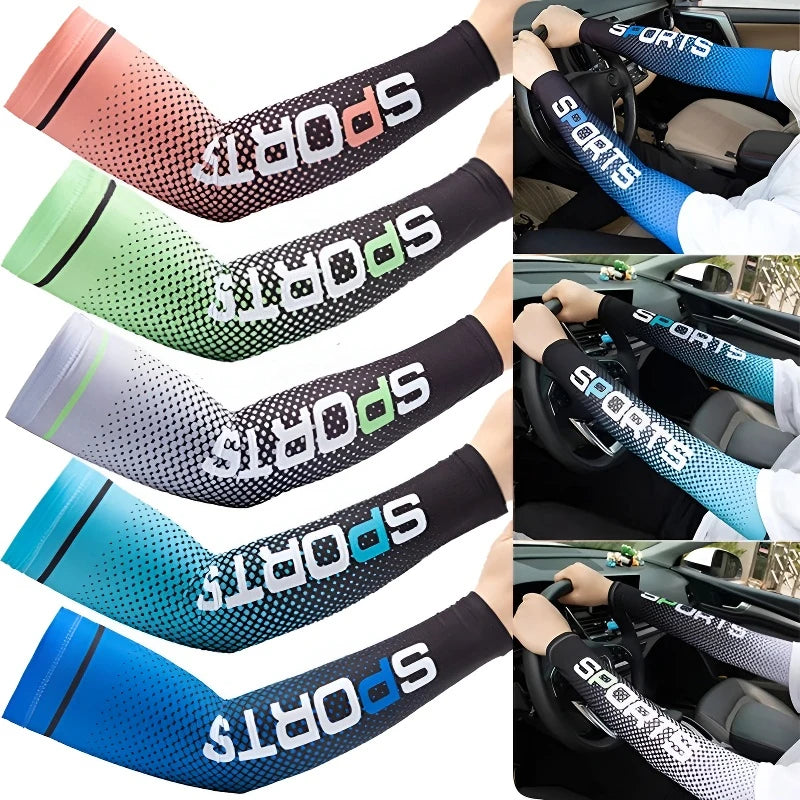 Various colored sports arm cooling sleeves shown on a person's arm and in a car interior.