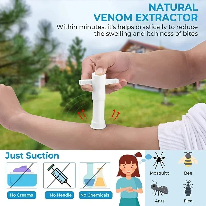 A hand applies a natural venom extractor tool to reduce swelling and itchiness from insect bites.
