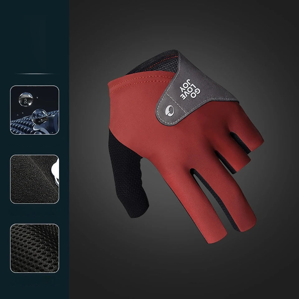 A close-up view of a red and black 3-finger snooker pool glove with a grey thumb grip.