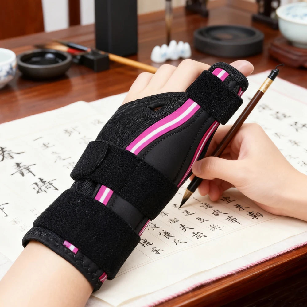 Une main tient une attelle ajustable noir et rose pour le soutien articulaire sur du papier de calligraphie chinois tradition