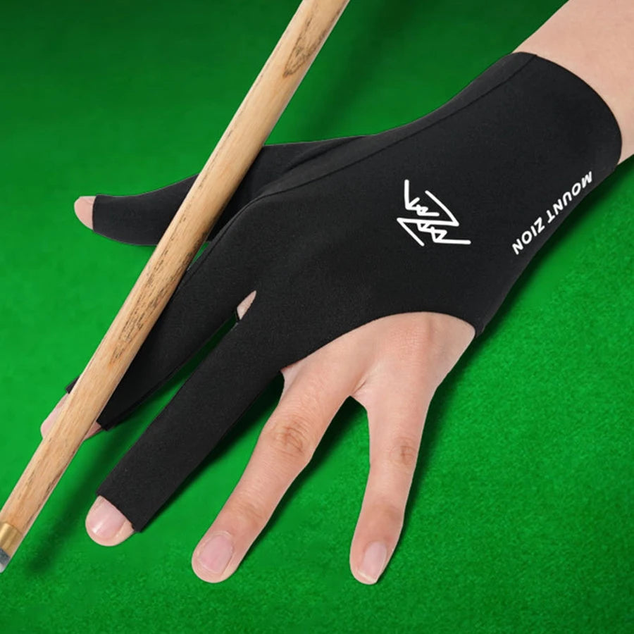 A hand wearing a black professional 3-finger billiard cue glove, with a wooden cue visible in the background.