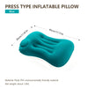 A blue press type inflatable pillow shown from the side with dimensions marked.