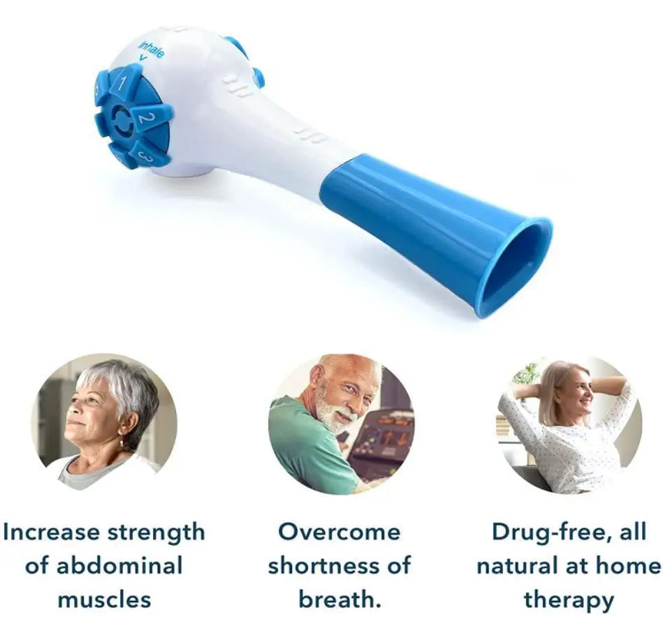 White and blue handheld lung expansion trainer device shown with usage examples.