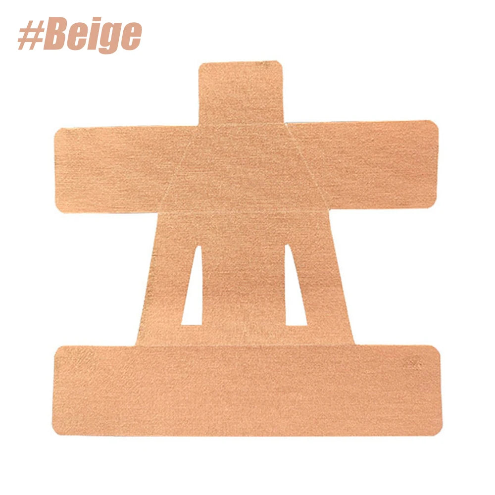 A beige kinesiology therapy tape shaped like a cross, used for shoulder pain treatment.