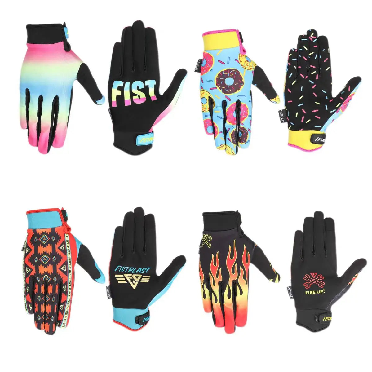 A collection of colorful and patterned durable motorcycle and MTB gloves shown in various styles.