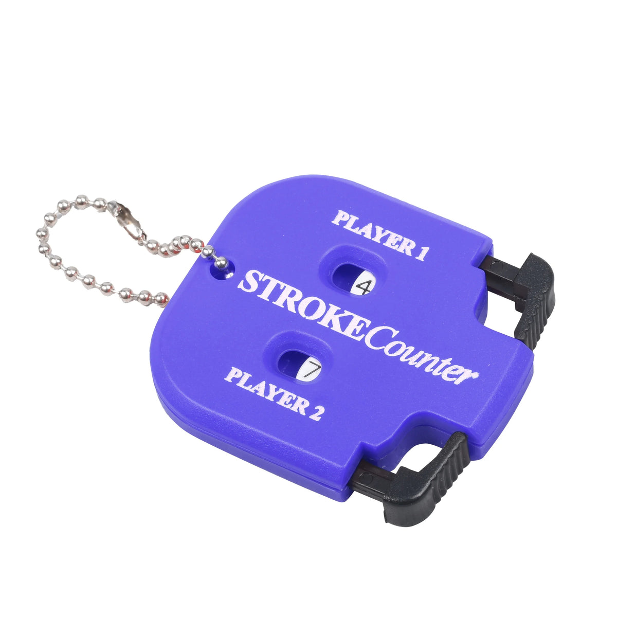 A purple portable golf score counter device with Player 1 and Player 2 slots.