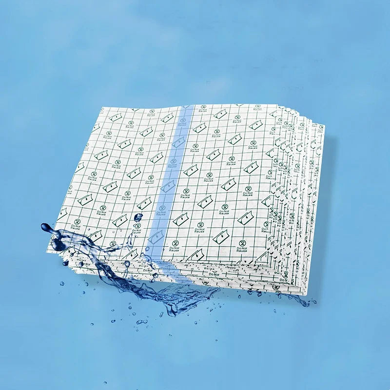 A sheet of invisible leg lifting patches is partially submerged in water on a light blue background.