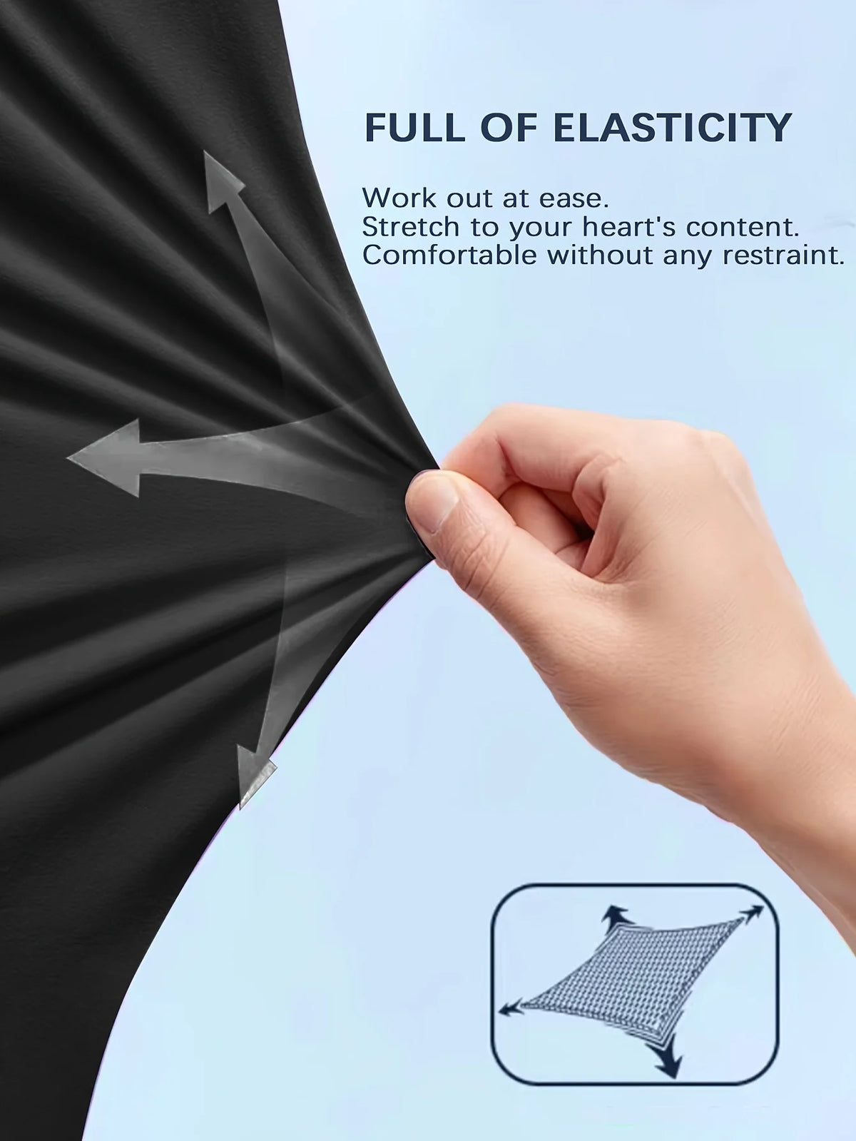 A hand stretches a piece of black, elastic fabric to demonstrate its full elasticity and comfort.