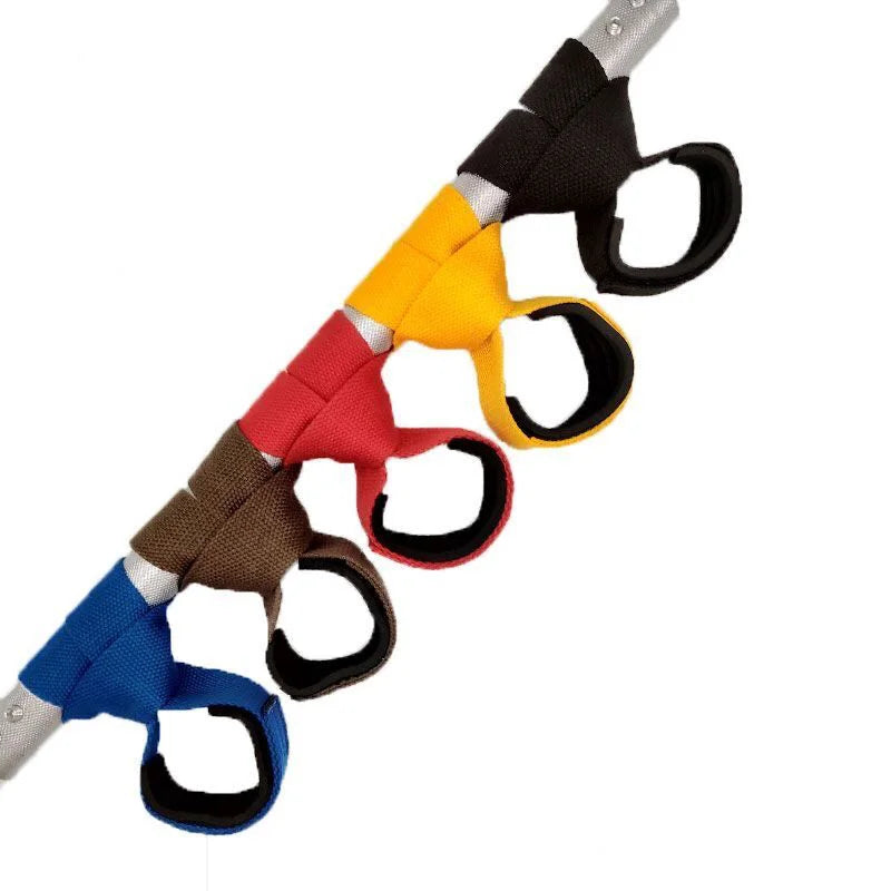 A set of gym lifting straps and wrist supports in various colors including black, yellow, red, and blue.
