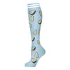 Light blue compression socks featuring a pattern of sliced avocado shapes.