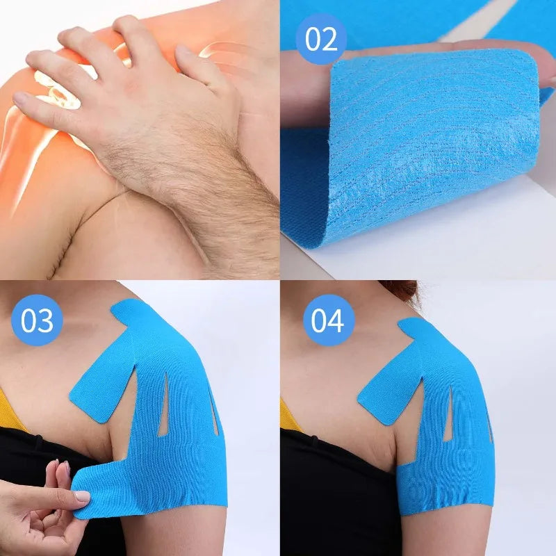 Vier Schritte zur Anwendung von blauem Kinesiotape zur Schmerzlinderung bei Sportverletzungen am Arm und Schulter.