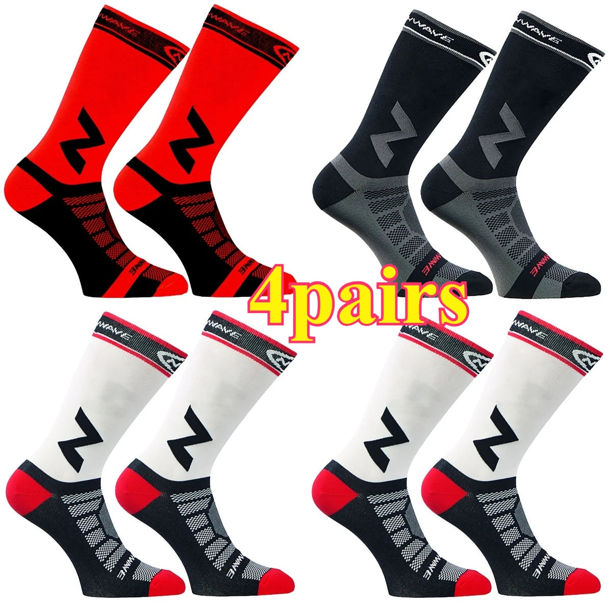 Four pairs of black and red compression cycling socks shown from various angles.