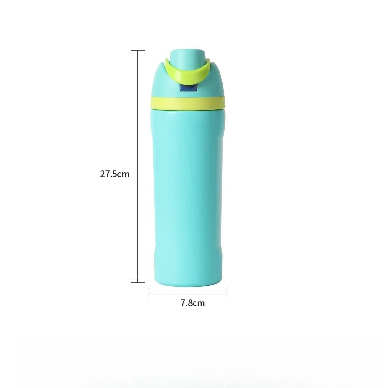 A light blue insulated stainless steel water bottle with a yellow drinking spout.