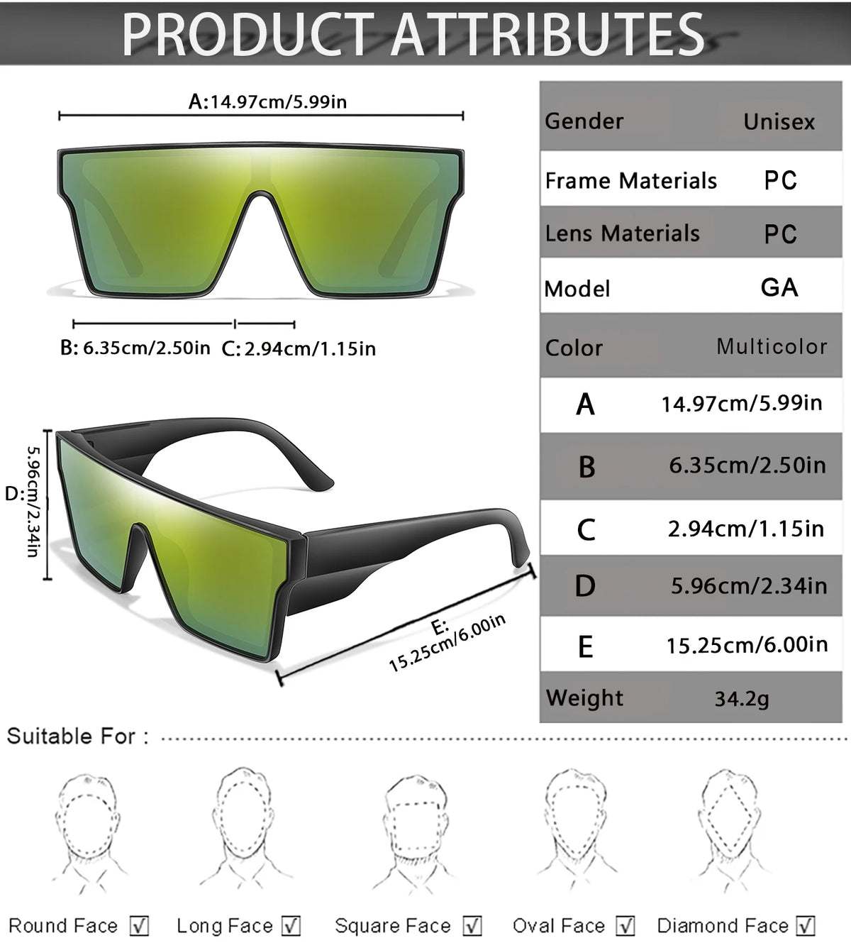 Un set de gafas de policarbonato multicolor con varios tamaños de montura y lente, aptas para formas redondas, largas, cuadra