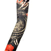 A long seamless tattoo sleeve featuring black and white designs with accents of orange and blue.