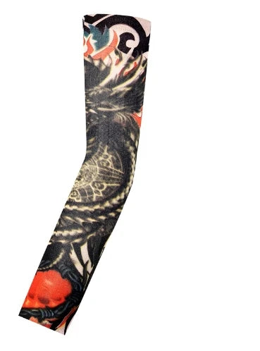 A long seamless tattoo sleeve featuring black and white designs with accents of orange and blue.