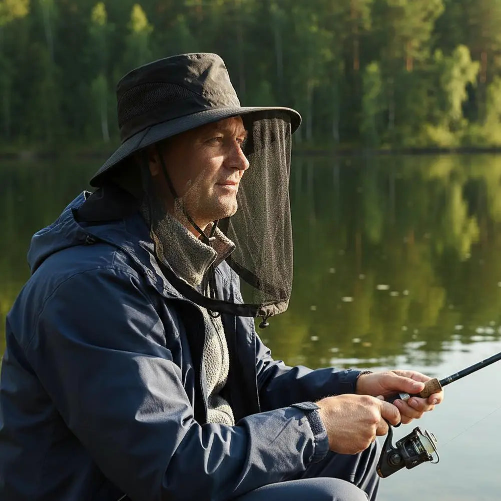 Mosquito Net Sun Hat with Wide Brim and Adjustable Chin Strap