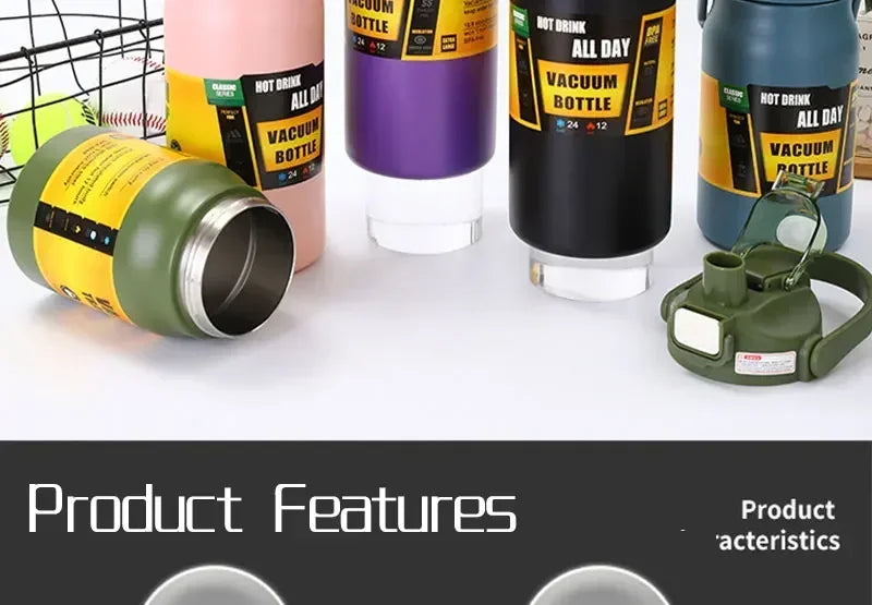 A collection of insulated stainless steel water bottles in various colors including pink, purple, and green, some with straws
