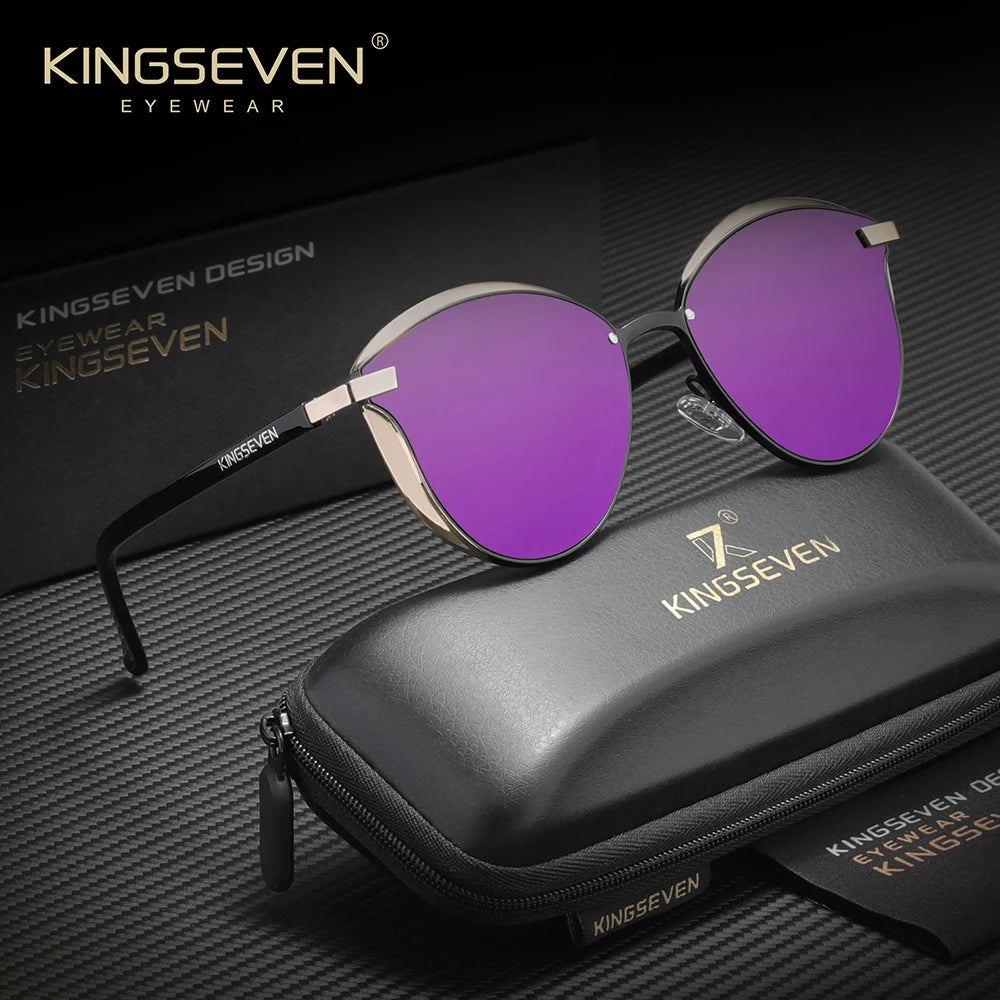 نظارات شمسية (Kingseven) ذات تصميم عين القط البنفسجي ومغلفة في علبة حماية سوداء.