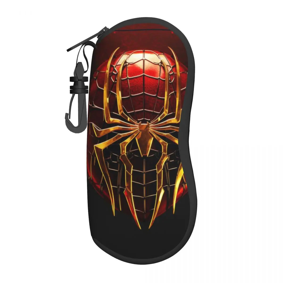 A black pouch featuring a red and gold Spider-Man mask design with a spider web pattern.