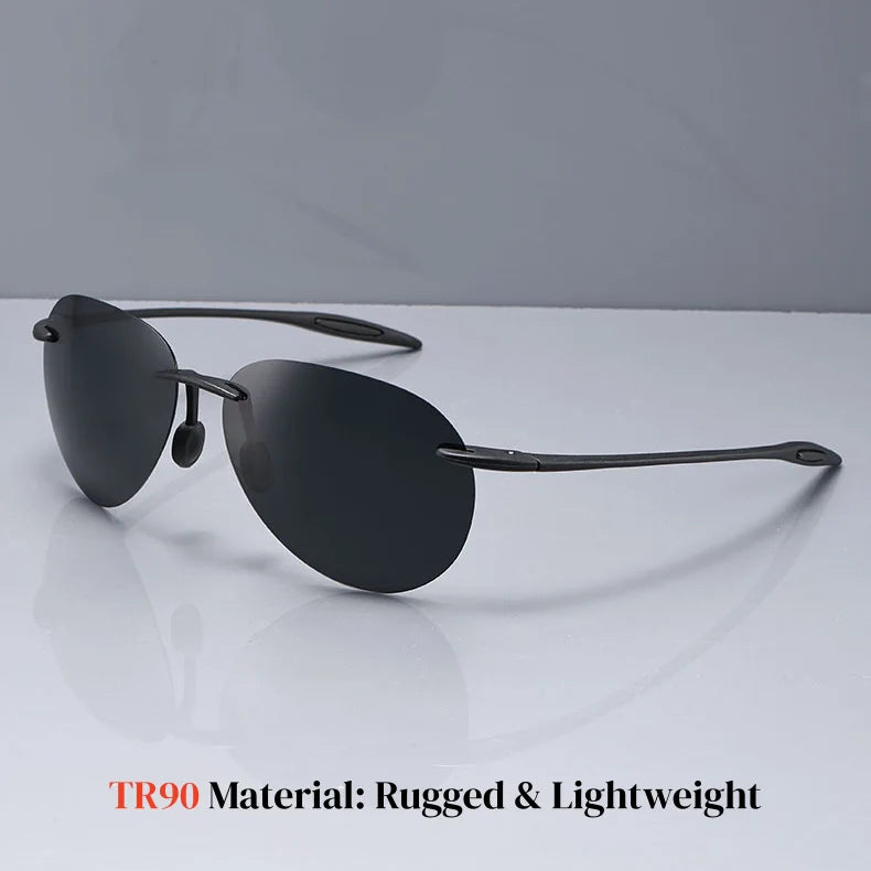 Black TR90 rugged and lightweight aviator sunglasses displayed on a white surface.