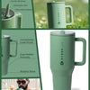 A green HydroJug insulated stainless steel water bottle with a handle and flip straw shown in various angles.