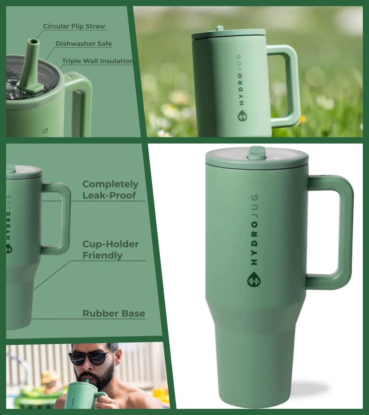 A green HydroJug insulated stainless steel water bottle with a handle and flip straw shown in various angles.