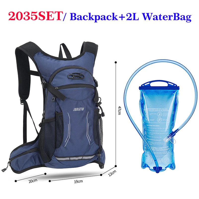 A blue hydration backpack with a 2L water bag and a flexible hose is shown next to its dimensions.