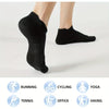 Black performance compression ankle socks displayed on a foot, with icons indicating various activities like running, cycling