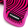 Close-up of pink and black striped goalkeeper gloves showing the brand name Atlander