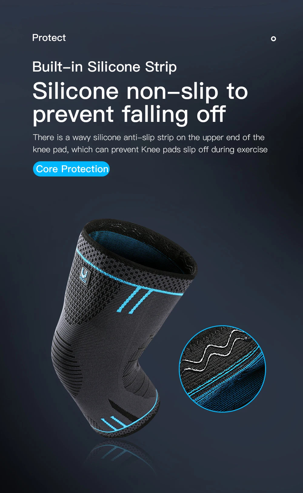 A black compression knee support sleeve with a blue non-slip silicone strip on the upper end.