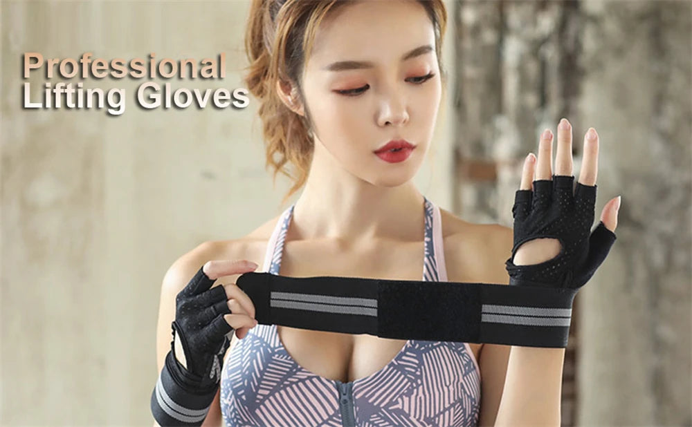 A woman wearing professional lifting gloves and a black wrist strap, demonstrating the product.