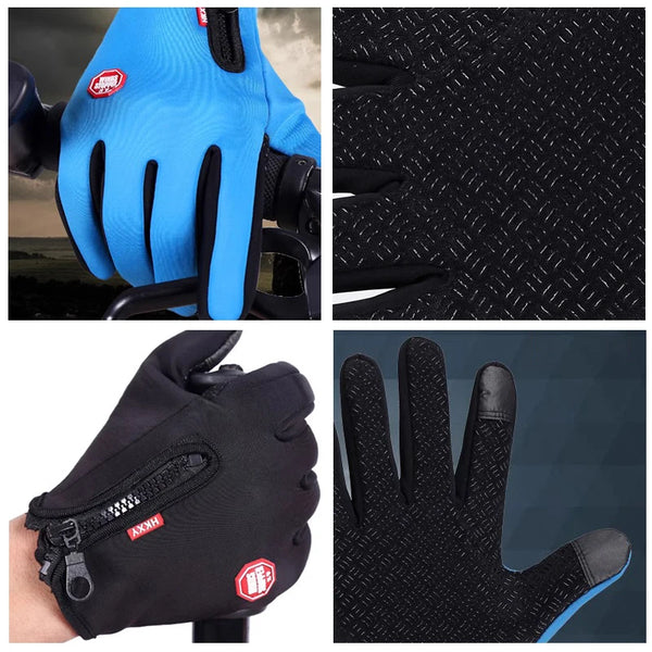 Close-up view of black warm windproof outdoor cycling and driving gloves showing the palm, fingers, and cuff details.