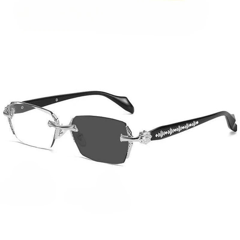 Frameless photochromic prescription glasses with blue light blocking featuring a decorative pattern on the temple.