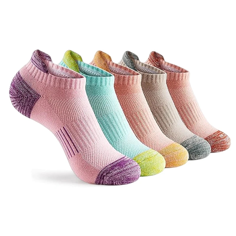 A pack of six breathable women's sports socks in various pastel colors including pink, mint green, and beige.